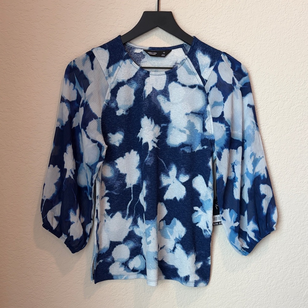 Simply Vera Vera Wang Blue Floral Balloon-Sleeve Top NWT